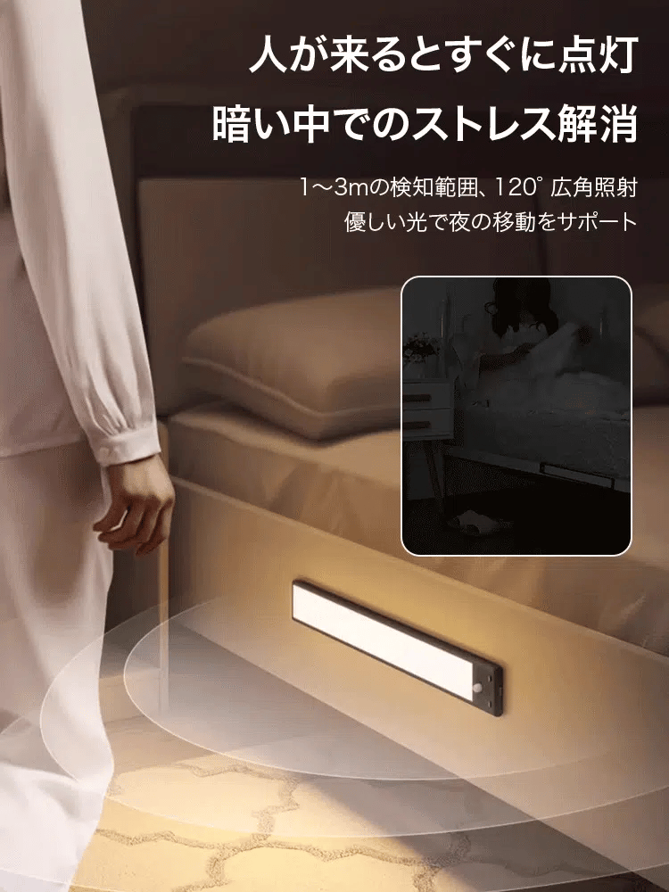 【3色調光】人感センサーLEDナイトライト USB充電式 自動点灯・自動消灯 マグネット取付 室内照明 クローゼット・廊下・寝室に
