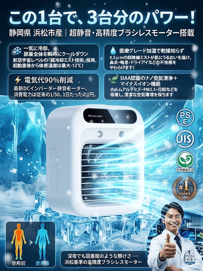 【2026最新モデル】瞬間冷却ミニエアコン 冷風機 卓上クーラー -12℃冷風 500ML大容量 USB充電式 超静音 加湿機能付き オフィス・寝室・車内対応