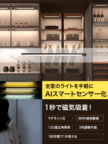 【3色調光】人感センサーLEDナイトライト USB充電式 自動点灯・自動消灯 マグネット取付 室内照明 クローゼット・廊下・寝室に